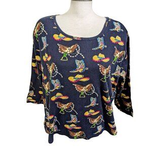 Vintage Y2K Western Sequin Cowgirl Graphic Top Tee Black XXL Collections ETC Fun